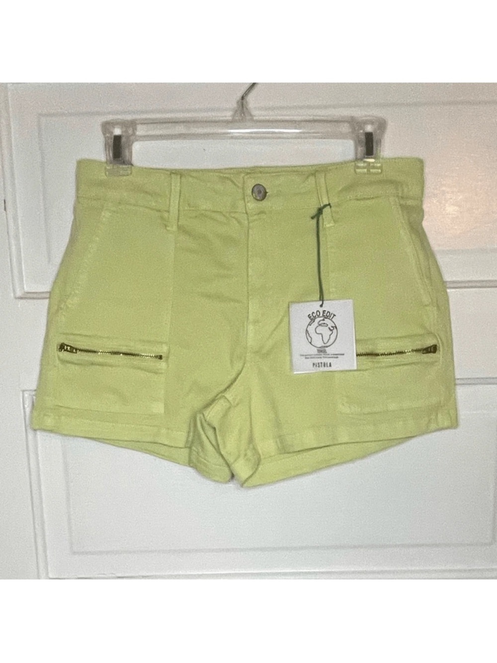 Pistola Hannah cargo shorts in a light green "Limeade"